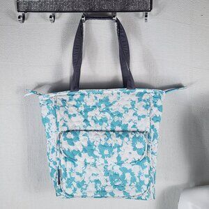 Emma & Chloe Teal White Floral Pattern Cotton Zip Large Size Quilted Tote Bag